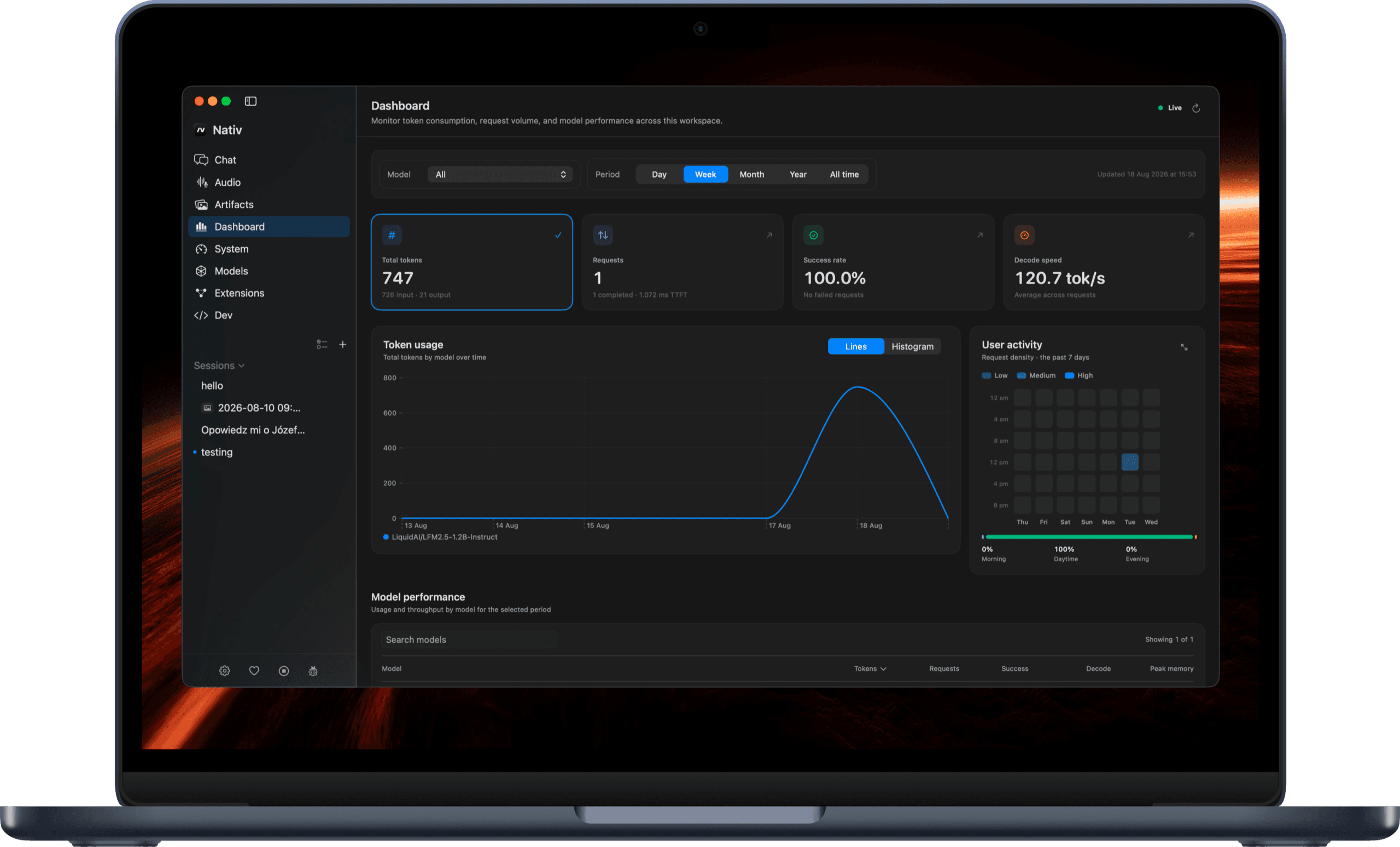 The Nativ Pro dashboard tracking token usage and model performance across a workspace